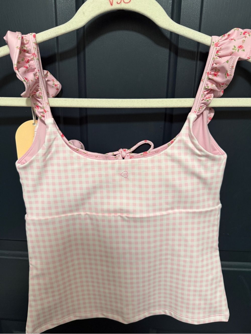 Blogilates Pink Gingham Ruffle Tank Top with Floral Trim - Picture 2 of 3